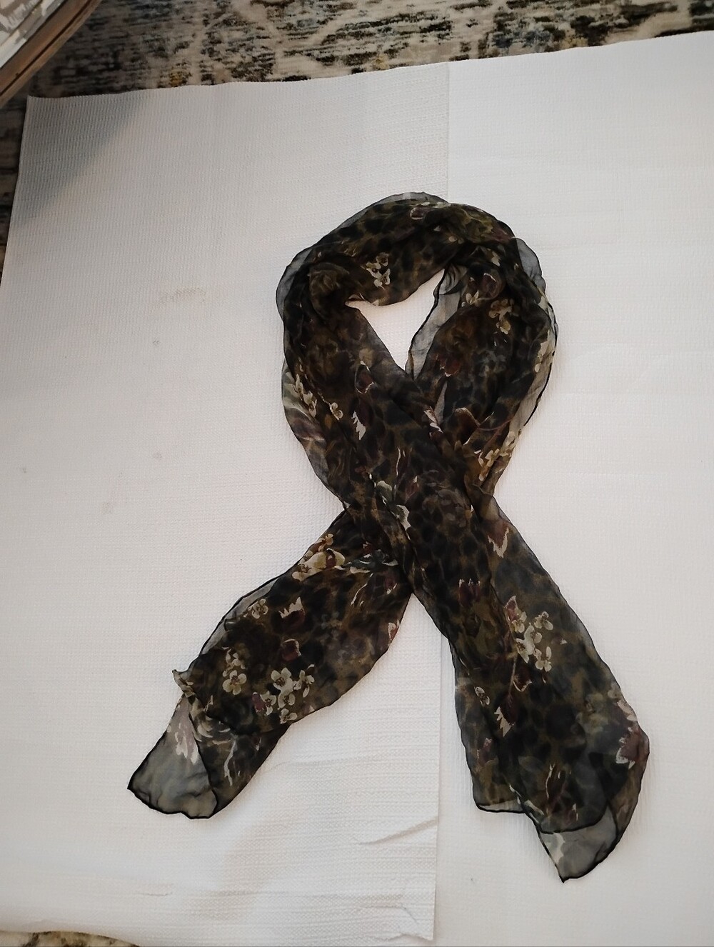 Silk Chicos Lightweight Sheer Floral Scarf in Olive and Black - Women's Ac